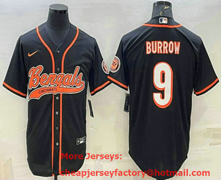 Men's Cincinnati Bengals #9 Joe Burrow Black With Patch Cool Base Stitched Baseball Jersey