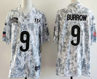 Men's Cincinnati Bengals #9 Joe Burrow Limited Arctic Camo 2024 Salute to Service Jersey