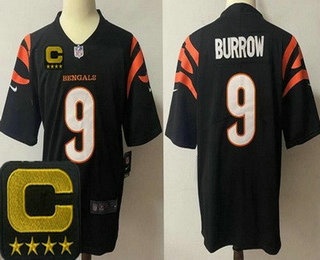 Men's Cincinnati Bengals #9 Joe Burrow Limited Black Captain Patch Vapor Jersey