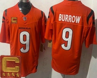 Men's Cincinnati Bengals #9 Joe Burrow Limited Orange Captain Patch FUSE Vapor Jersey