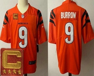 Men's Cincinnati Bengals #9 Joe Burrow Limited Orange Captain Patch Vapor Jersey