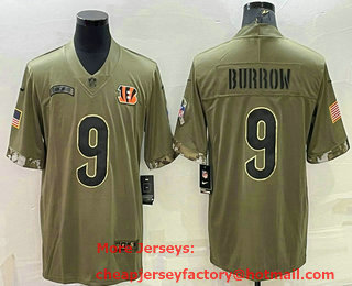 Men's Cincinnati Bengals #9 Joe Burrow Olive 2022 Salute To Service Limited Stitched Jersey