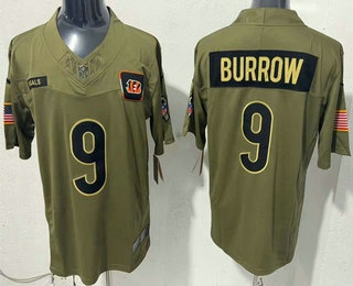 Men's Cincinnati Bengals #9 Joe Burrow Olive 2025 FUSE Salute to Service Limited Jersey
