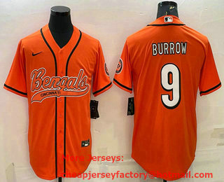 Men's Cincinnati Bengals #9 Joe Burrow Orange With Patch Cool Base Stitched Baseball Jersey