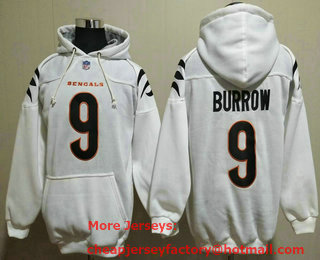Men's Cincinnati Bengals #9 Joe Burrow White Pocket Stitched NFL Pullover Hoodie