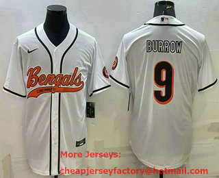 Men's Cincinnati Bengals #9 Joe Burrow White With Patch Cool Base Stitched Baseball Jersey