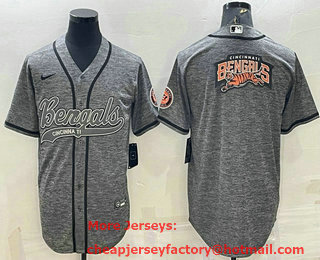 Men's Cincinnati Bengals Grey Gridiron Team Big Logo Cool Base Stitched Baseball Jersey