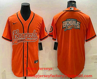 Men's Cincinnati Bengals Orange Team Big Logo With Patch Cool Base Stitched Baseball Jersey
