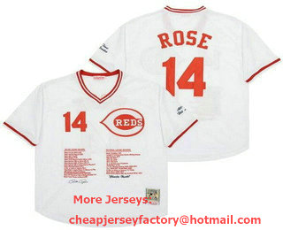 Men's Cincinnati Reds #14 Pete Rose White Achievement Throwback Jersey