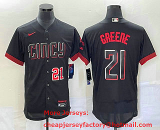 Men's Cincinnati Reds #21 Hunter Greene Number Black 2023 City Connect Flex Base Stitched Jersey 01