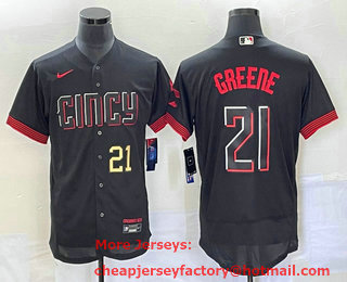 Men's Cincinnati Reds #21 Hunter Greene Number Black 2023 City Connect Flex Base Stitched Jersey 03