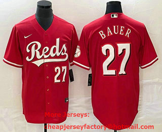 Men's Cincinnati Reds #27 Trevor Bauer Number Red Stitched MLB Cool Base Nike Jersey
