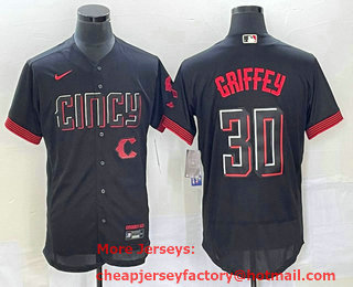 Men's Cincinnati Reds #30 Ken Griffey Jr Black 2023 City Connect Flex Base Stitched Jersey 01