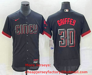 Men's Cincinnati Reds #30 Ken Griffey Jr Black 2023 City Connect Flex Base Stitched Jersey 02