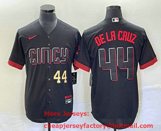 Men's Cincinnati Reds #44 Elly De La Cruz Number Black 2023 City Connect Cool Base Stitched Baseball Jersey 03