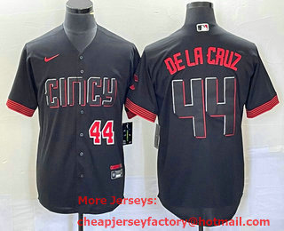 Men's Cincinnati Reds #44 Elly De La Cruz Number Black 2023 City Connect Cool Base Stitched Baseball Jersey 05