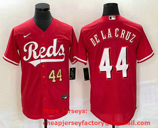 Men's Cincinnati Reds #44 Elly De La Cruz Number Red Cool Base Stitched Baseball Jersey 02