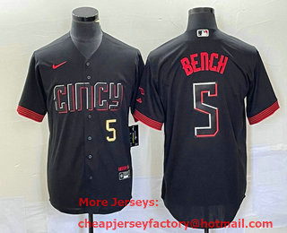 Men's Cincinnati Reds #5 Johnny Bench Number Black 2023 City Connect Cool Base Stitched Baseball Jersey 01