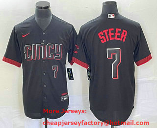 Men's Cincinnati Reds #7 Spencer Steer Number Black 2023 City Connect Cool Base Stitched Baseball Jersey 03