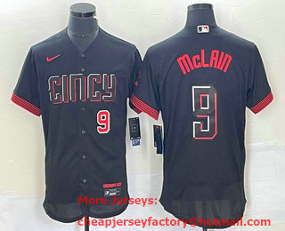 Men's Cincinnati Reds #9 Matt McLain Number Black 2023 City Connect Flex Base Stitched Jersey 01