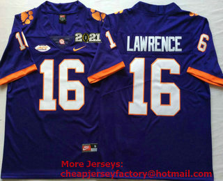 Men's Clemson Tigers #16 Trevor Lawrence Purple Stitched NCAA Nike 2021 Championship Game Patch College Football Jersey
