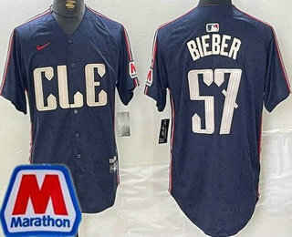 Men's Cleveland Guardians #57 Shane Bieber Navy 2024 City Connect Marathon Patch Limited Jersey