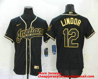 Men's Cleveland Indians #12 Francisco Lindor Black With Gold Stitched MLB Flex Base Nike Jersey