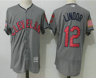 Men's Cleveland Indians #12 Francisco Lindor Gray 2017 Stars & Stripes Stitched MLB Flex Base Jersey