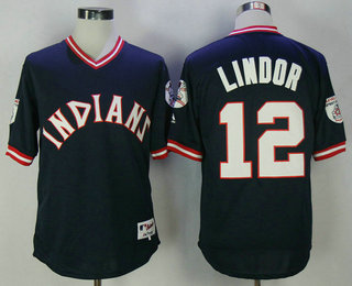 Men's Cleveland Indians #12 Francisco Lindor Navy Blue Pullover 1976 Turn Back the Clock Jersey