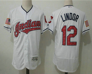 Men's Cleveland Indians #12 Francisco Lindor White 2017 Stars & Stripes Stitched MLB Flex Base Jersey
