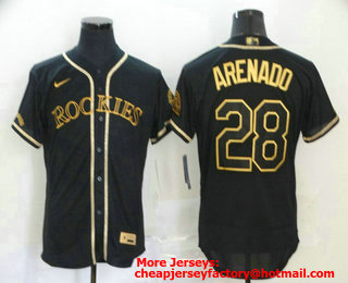 Men's Colorado Rockies #28 Nolan Arenado Black With Gold Stitched MLB Flex Base Nike Jersey