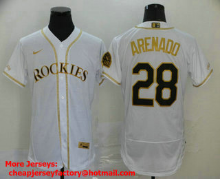 Men's Colorado Rockies #28 Nolan Arenado White With Gold Stitched MLB Flex Base Nike Jersey