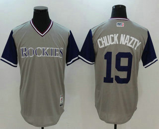 Men's Colorado Rockies Charlie Blackmon #19 Chuck Nazty Gray 2017 Little League World Series Players Weekend Stitched Nickname Jersey