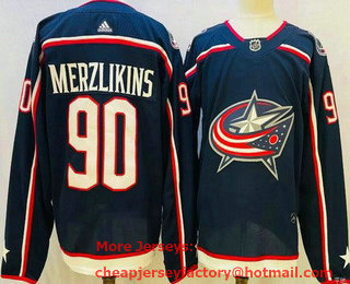 Men's Columbus Blue Jackets #90 Elvis Merzlikins Navy Authentic Jersey