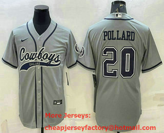 Men's Dallas Cowboys #20 Tony Pollard Grey With Patch Cool Base Stitched Baseball Jersey
