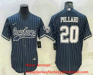 Men's Dallas Cowboys #20 Tony Pollard Navy Blue Pinstripe With Patch Cool Base Stitched Baseball Jersey