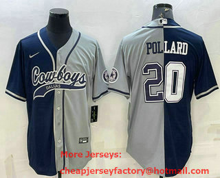 Men's Dallas Cowboys #20 Tony Pollard Navy Grey Split With Patch Cool Base Stitched Baseball Jersey
