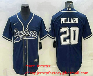 Men's Dallas Cowboys #20 Tony Pollard Navy With Patch Cool Base Stitched Baseball Jersey