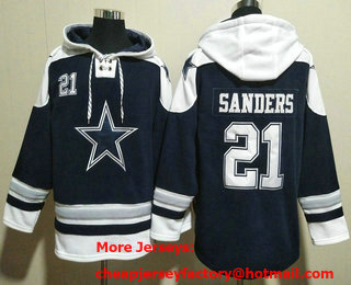 Men's Dallas Cowboys #21 Deion Sanders Navy Blue Ageless Must Have Lace Up Pullover Hoodie