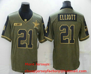Men's Dallas Cowboys #21 Ezekiel Elliott 2021 Olive Salute To Service Golden Limited Stitched Jersey