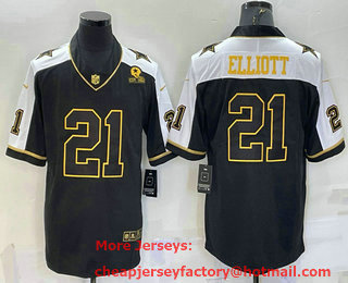 Men's Dallas Cowboys #21 Ezekiel Elliott Black Gold Thanksgiving With Patch Stitched Jersey