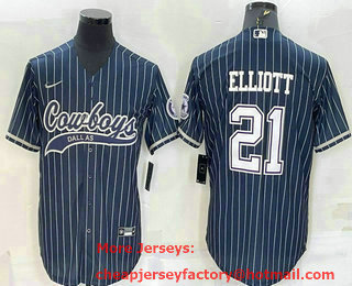 Men's Dallas Cowboys #21 Ezekiel Elliott Navy Blue Pinstripe With Patch Cool Base Stitched Baseball Jersey