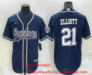 Men's Dallas Cowboys #21 Ezekiel Elliott Navy Blue Stitched Cool Base Nike Baseball Jersey