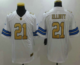  Men's Dallas Cowboys #21 Ezekiel Elliott White With Gold Stitched NFL Nike Limited Jersey