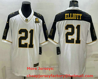 Men's Dallas Cowboys #21 Ezekiel Elliott White Gold Edition With 1960 Patch Limited Stitched Football Jersey