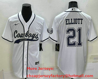 Men's Dallas Cowboys #21 Ezekiel Elliott White Stitched Cool Base Nike Baseball Jersey