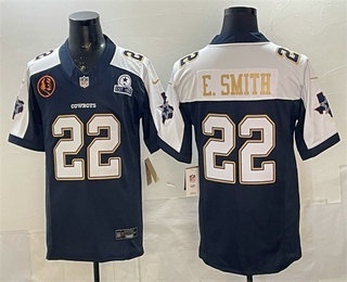 Men's Dallas Cowboys #22 Emmitt Smith Navy FUSE With John Madden Patch Thanksgiving Vapor Limited Stitched Jersey