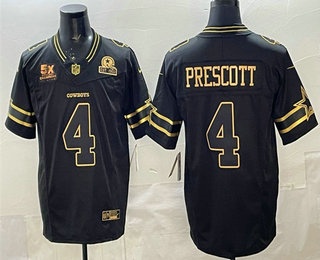 Men's Dallas Cowboys #4 Dak Prescott Black Gold 2025 FUSE 5x Super Bowl Champions Patch Vapor Limited Stitched Jersey
