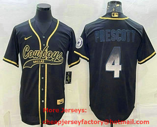 Men's Dallas Cowboys #4 Dak Prescott Black Gold With Patch Smoke Cool Base Stitched Baseball Jersey