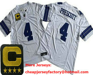 Men's Dallas Cowboys #4 Dak Prescott Limited White C Patch FUSE Vapor Jersey
